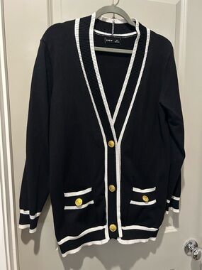 SHEIN Black Cardigan with White Trim and Gold Buttons - Classic V-Neck